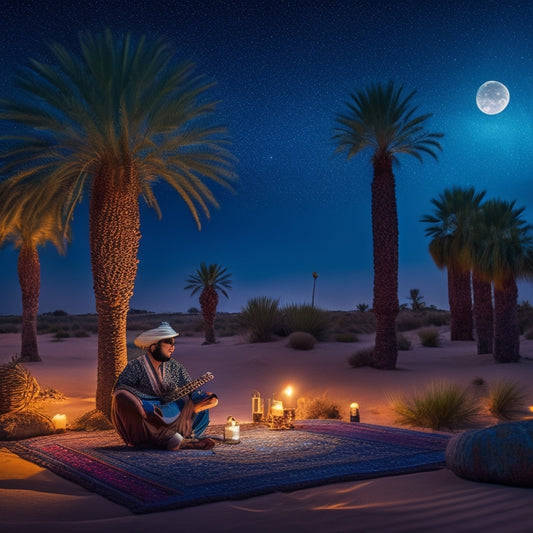 A serene, moonlit desert landscape with a lone oud player seated on a intricately patterned rug, surrounded by lanterns and palm trees, under a star-filled night sky.