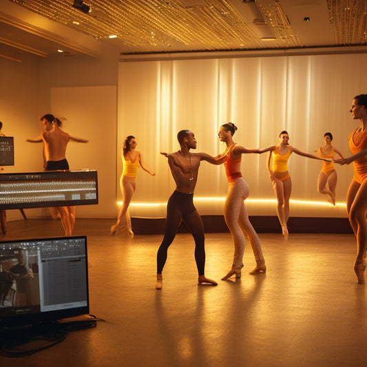 A warm, golden-lit dance studio with a pair of dancers, one male and one female, standing in front of a large screen displaying a virtual dance instructor, surrounded by laptops and headphones.