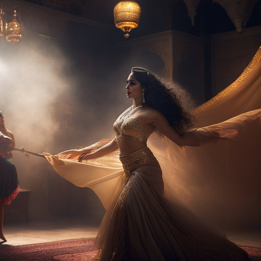 A warm-lit, smoke-filled studio with a lone belly dancer in mid-motion, veils and fabrics flowing, surrounded by Middle Eastern-inspired props, with a shallow depth of field and soft, golden lighting.