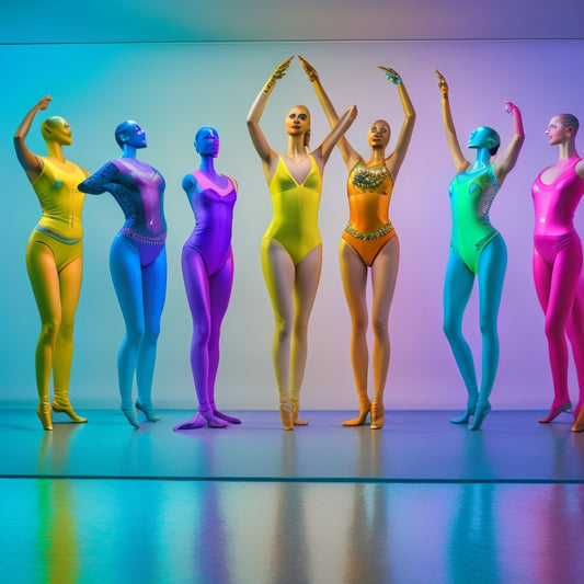 An array of vibrant dance bodysuits displayed on elegant mannequins, showcasing varied styles and colors, set against a soft, pastel backdrop with graceful dance accessories like shoes and ribbons elegantly arranged around them.