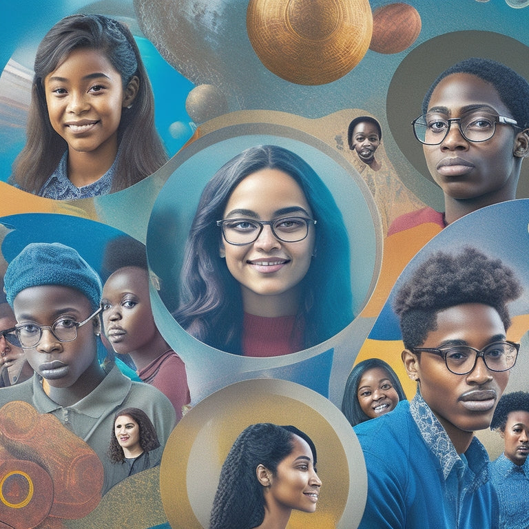 A vibrant, stylized illustration of a diverse group of students from various age ranges and ethnicities, surrounded by swirling shapes and icons representing different academic and career paths.