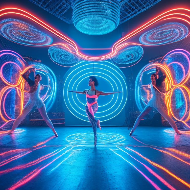 A futuristic, neon-lit dance studio with mirrors, where a dancer's body is surrounded by swirling, glowing circuits and wires, as if technology is merging with their movements.