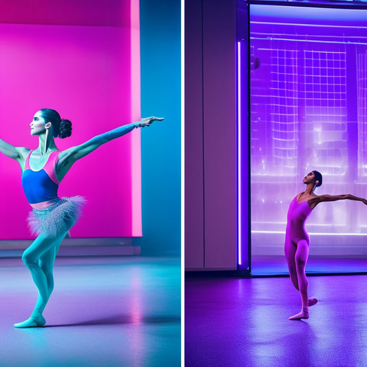 A split-screen image: on the left, a dull, grayscale dancer in front of a worn-out, beige-colored ballet barre; on the right, a vibrant, colorful dancer in front of a sleek, modern dance studio with neon-lit mirrors.