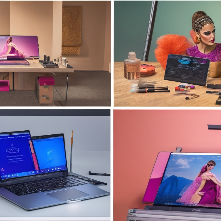 A split-screen image: on the left, a makeup artist's kit with brushes, palettes, and mirrors; on the right, a laptop and smartphone displaying online tutorials and social media platforms.