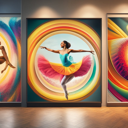 A whimsical illustration of a dancer in motion, surrounded by swirling shapes and colors, with three framed wall prints in the background, each featuring a stylized dancer silhouette.