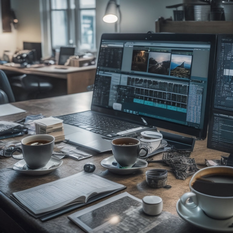 A cluttered desk with multiple calendars, notes, and coffee cups in the background, featuring a professional filmmaker or photographer in the foreground, surrounded by screens displaying various studio scheduling tools.