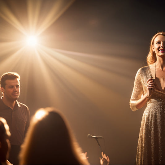 A spotlight shines on a confident performer standing center stage, surrounded by a blurred audience, with a subtle smile and open, relaxed body language, exuding calm and poise.