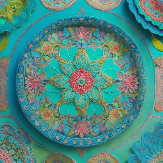 A vibrant, abstract composition featuring swirling shapes and patterns inspired by exotic destinations, with intricate mandalas, Moroccan tiles, and tropical leaves in shades of turquoise, coral, and lime green.