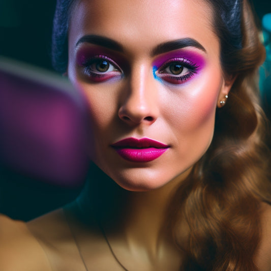 A close-up of a professional dancer's face in a dimly lit dance studio, surrounded by mirrors and dance bars, with a smartphone displaying a dance makeup tutorial in the foreground.