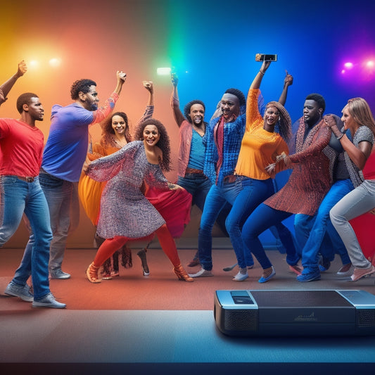 A colorful, dynamic illustration of a diverse group of people dancing in a studio, surrounded by laptops and smartphones playing YouTube tutorials on screens.