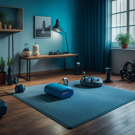 A serene, well-lit home gym with a laptop and yoga mat, surrounded by minimal props: a water bottle, a fitness tracker, and a few dumbbells, evoking a sense of calm focus and determination.