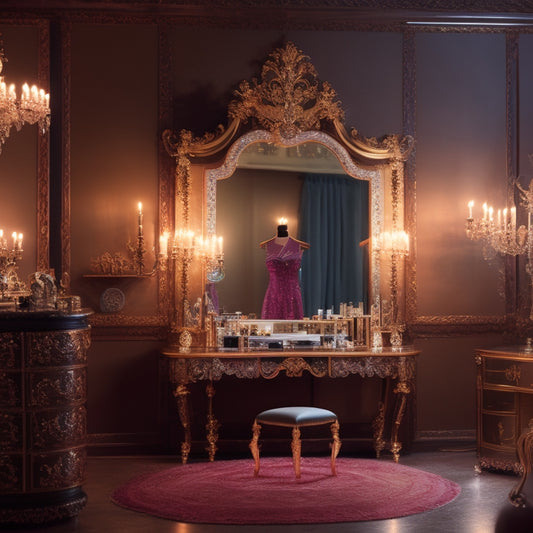 A glamorous, dimly lit dance studio backdrop with a vanity table centered, adorned with various dance makeup products, brushes, and a large, ornate mirror reflecting a blurred, dancing figure.