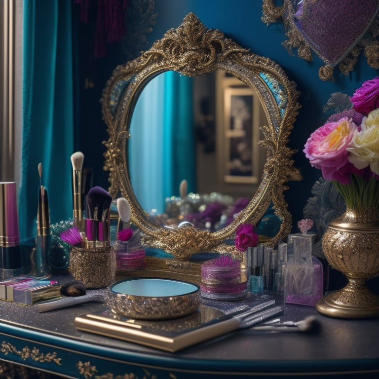 A colorful, clutter-free vanity with a majestic, ornate mirror, surrounded by an assortment of makeup brushes, sparkling eyeshadows, and a few strategically placed dance shoes.