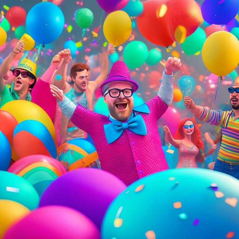 A colorful, whimsical illustration of Garry's Mod characters in a vibrant dance party scene, surrounded by confetti, balloons, and camera equipment, with a subtle background of video editing software interfaces.