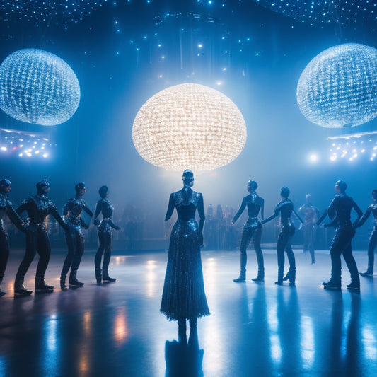 A darkened stage illuminated by a grid of suspended, glowing orbs, surrounded by dancers in futuristic attire, with fragmented mirrors and sleek, metallic structures in the background.