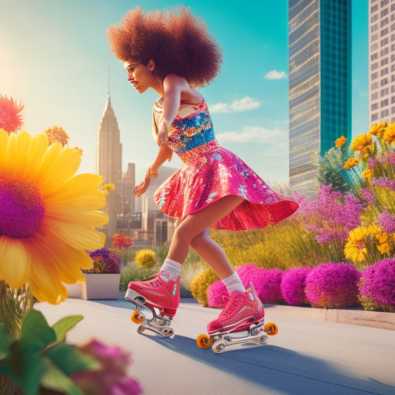 A whimsical illustration of a person roller skating on a sunny day, with motion lines and blurred wheels, showcasing perfect balance and control, surrounded by vibrant flowers and a subtle cityscape in the background.