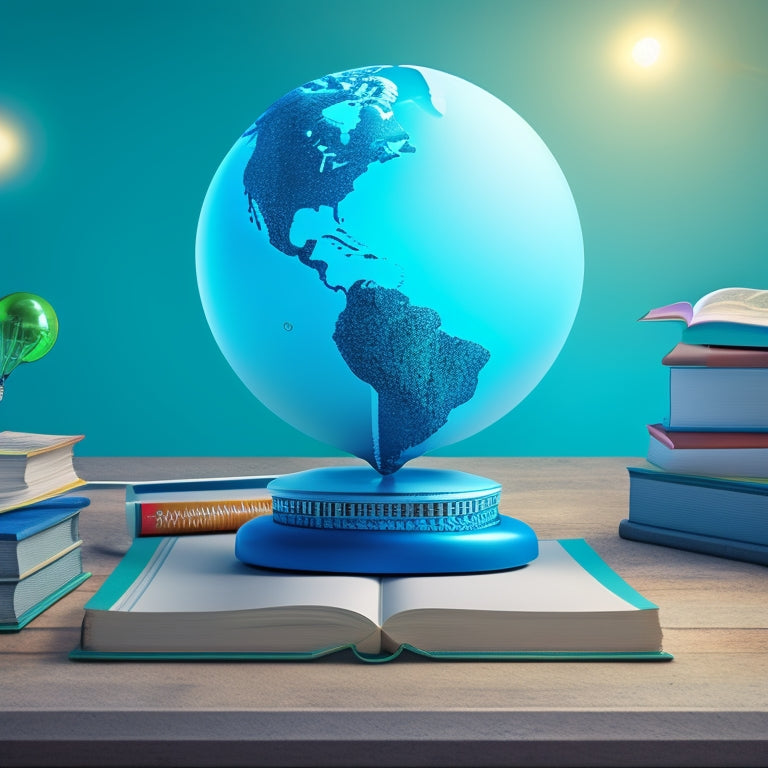 A stylized illustration of a laptop surrounded by open books, a globe, and a lightbulb, with a subtle gradient background transitioning from blue to green, symbolizing knowledge and growth.