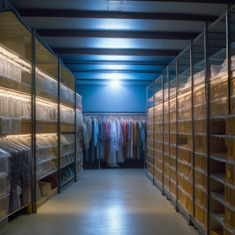 A dimly lit, organized storage room with rows of clear plastic bins, each containing a meticulously hung dance costume, surrounded by shelves of labeled boxes and garment bags.
