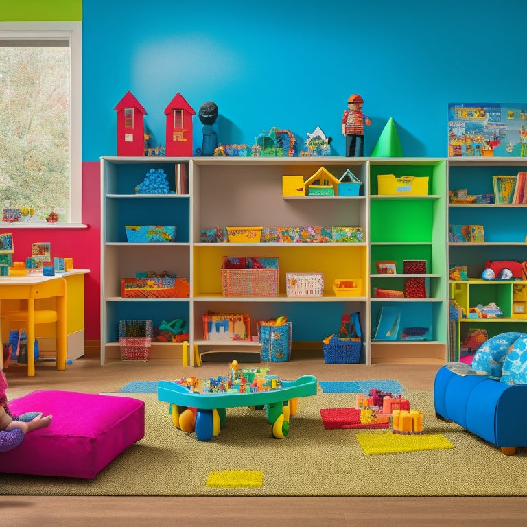 A colorful, clutter-free playroom with a diverse group of children aged 3-5 engaged in various activities: building with blocks, painting, and reading, surrounded by shelves with organized toys and learning materials.