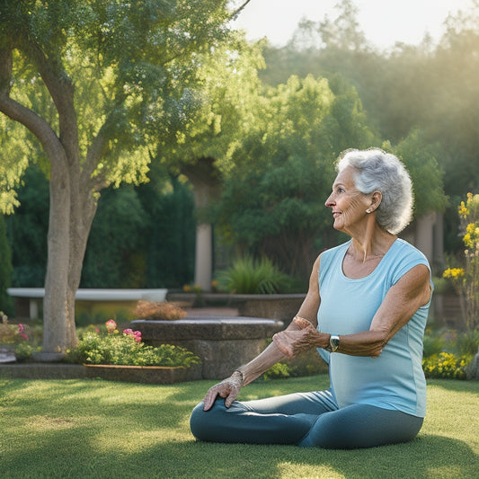 A serene background with a fit senior adult (60-70 years old) in the foreground, wearing comfortable workout clothes, standing in a gentle warrior yoga pose on a sunny outdoor patio surrounded by greenery.