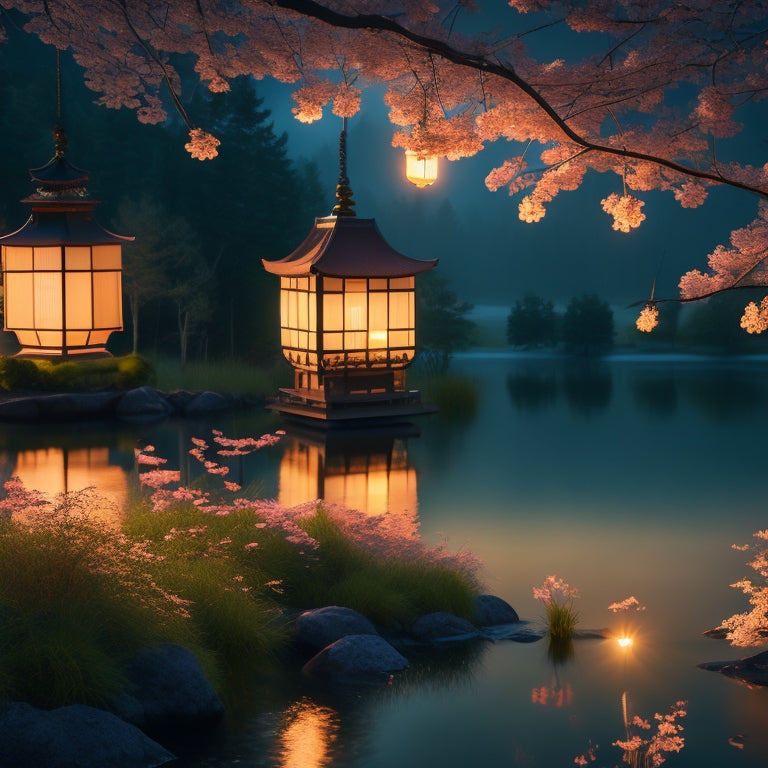 A whimsical illustration of a serene Japanese landscape at dusk, with lanterns floating on a tranquil lake, surrounded by lush greenery and vibrant cherry blossoms, illuminated by soft golden light.