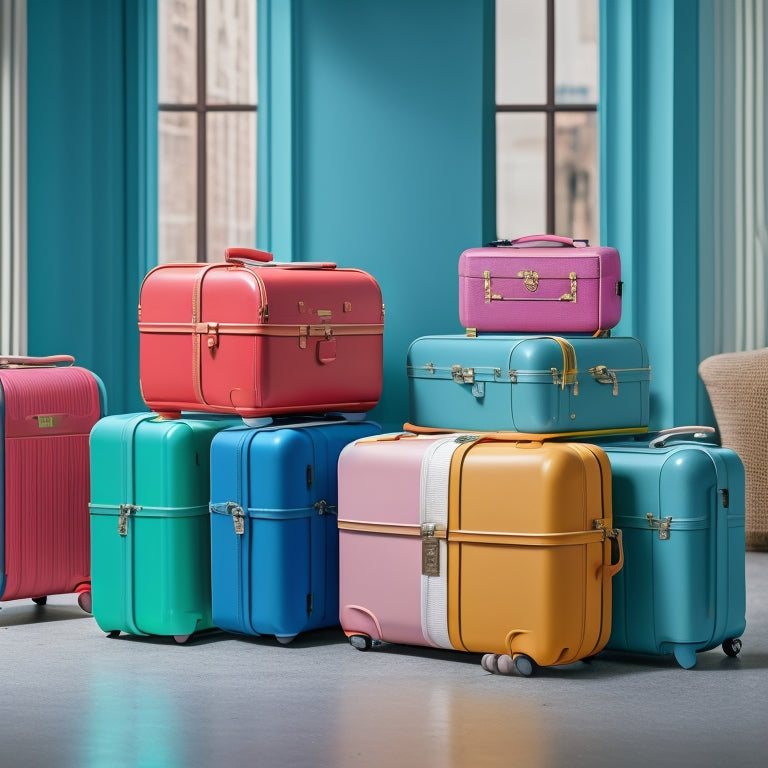 A vibrant display of compact, stylish suitcases in various colors, stacked and open, showcasing organized compartments filled with neatly folded clothes, shoes, and travel essentials in a modern, minimalist setting.