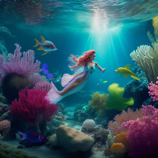 A whimsical underwater scene featuring Ariel from The Little Mermaid, surrounded by seaweed and coral, with a sparkly tail and a dancing pose, amidst a school of shimmering fish and bubbles.