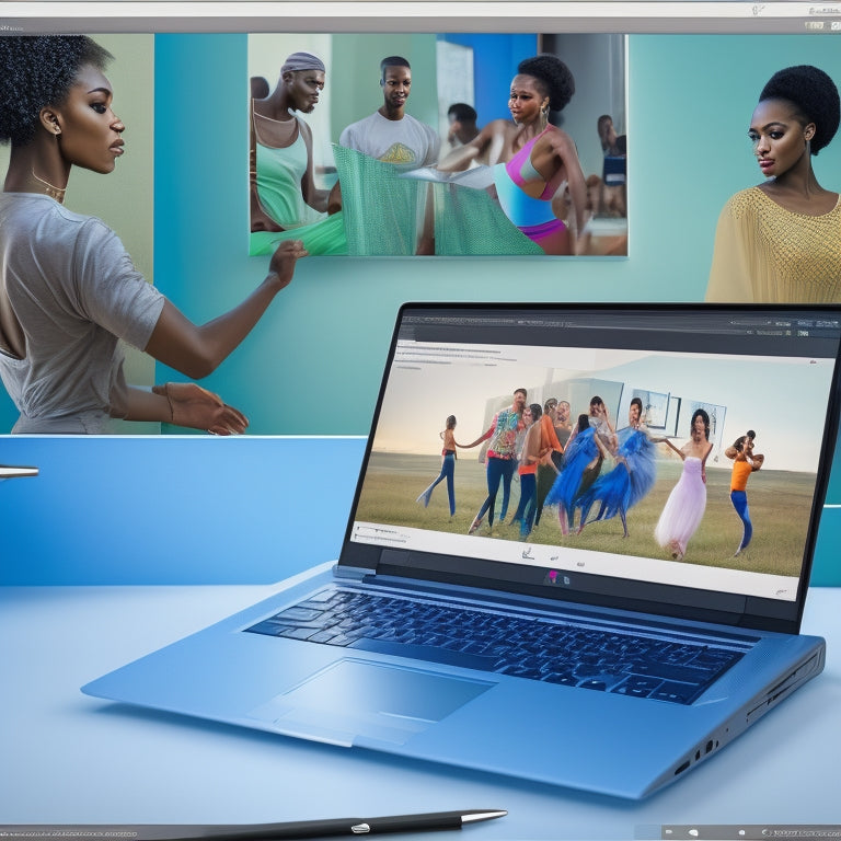 A stylized illustration of a laptop with a split-screen display: on one side, a diverse group of dancers in various online environments, and on the other, a teacher in a studio with a whiteboard filled with notes and diagrams.