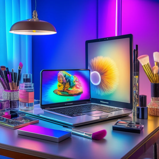 A stylized, glamorous makeup station with a dancer's mirror reflection, surrounded by colorful makeup brushes, palettes, and a laptop with a social media screen glowing in the background.