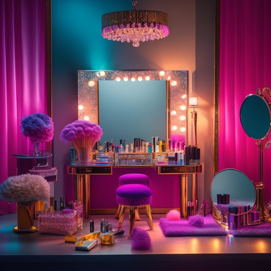 A glamorous, spotlight-lit makeup station with a vanity mirror, brushes, and colorful products, surrounded by dance-inspired elements like ballet shoes, a tutu, or a dancer's silhouette in the background.