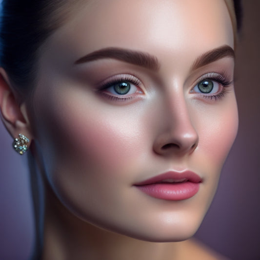 A close-up of a ballerina's face, spotlight shining on her, with a delicate, porcelain-like complexion, subtle blush on her cheeks, and bold, dramatic eyes with thick lashes and a soft, romantic gaze.