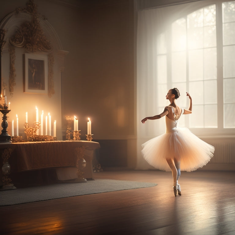 A serene, misty dance studio at dawn, with a lone ballet dancer in a flowing white tutu, surrounded by candles, flowers, and a subtle, shimmering aura, bathed in soft, golden light.