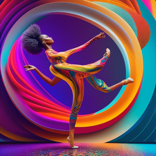 A stylized illustration of a dancer in motion, surrounded by swirling shapes and colors, with abstract musical notes and geometric patterns, conveying creativity and innovation.