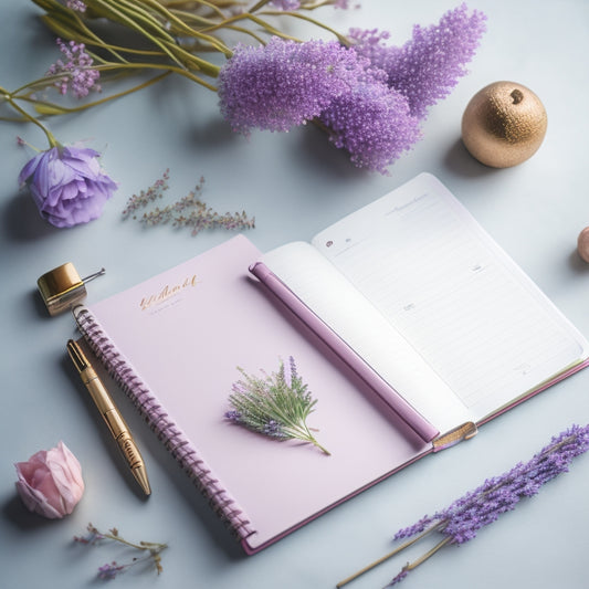 A delicate, watercolor-style floral wreath surrounds a partially open, pastel pink planner with a few loose, colorful pens and a sprig of fresh lavender on a soft, creamy background.