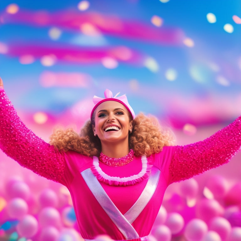 A colorful illustration featuring a smiling cheerleader in a bright pink and white uniform, pom-poms in hand, surrounded by swirling ribbons and confetti, with a blurred stadium background.