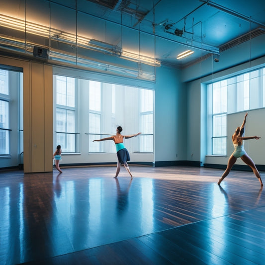 A serene, well-lit dance studio with a single dancer in the center, surrounded by mirrors, with a laptop and speaker in the corner, stretching their leg high towards the ceiling.