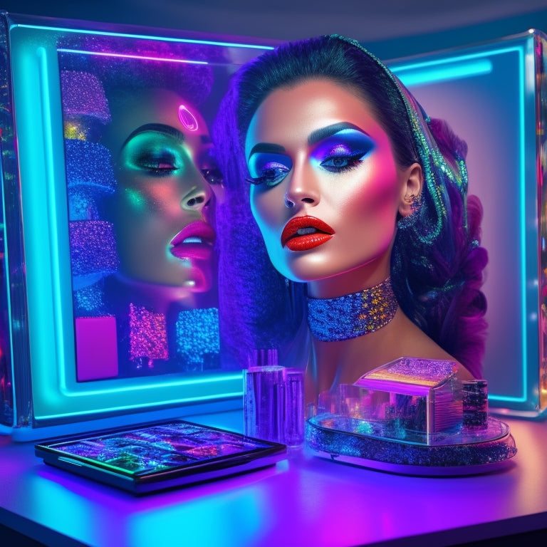 A futuristic, neon-lit makeup station with a tablet and stylus, surrounded by swirling patterns of colorful eyeshadows, lip glosses, and glitters, with a 3D model of a dancer's face on the screen.