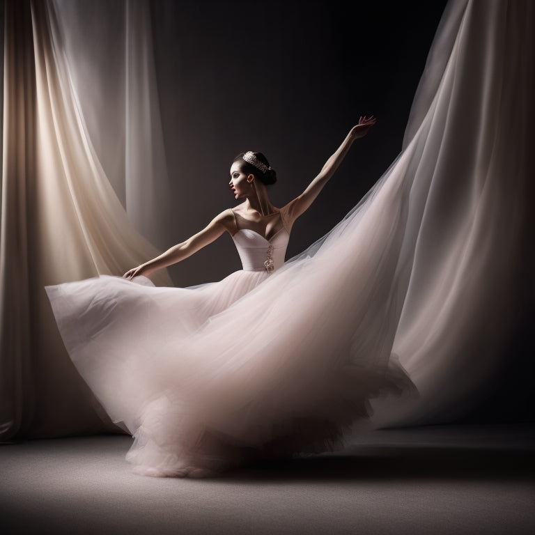 A beautifully styled, well-lit, and minimalist photograph featuring a variety of luxurious dance dress fabrics, including tulle, organza, and silk, draped elegantly over a velvet-covered dress form.