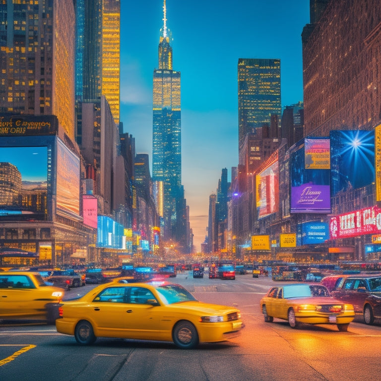 A vibrant, nighttime cityscape of Manhattan with bright, colorful lights and billboards, featuring a bustling street scene with diverse pedestrians, iconic yellow cabs, and sleek skyscrapers.