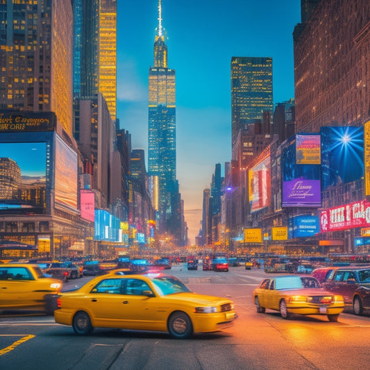 A vibrant, nighttime cityscape of Manhattan with bright, colorful lights and billboards, featuring a bustling street scene with diverse pedestrians, iconic yellow cabs, and sleek skyscrapers.