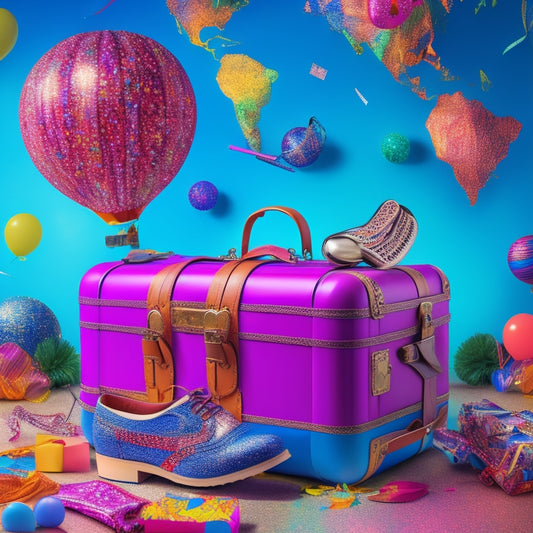 A vibrant, stylized illustration of a suitcase overflowing with colorful dance shoes, scarves, and musical instruments, set against a stylized world map background with confetti and balloons.