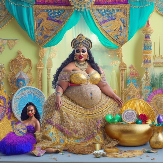 A whimsical illustration featuring a curvy, golden-hued belly dancer surrounded by a collage of colorful templates, fabrics, and accessories, with intricate Middle Eastern-inspired patterns and ornate details.