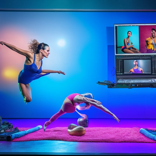 A dancer in mid-leap, surrounded by camera equipment and laptops, with three large screens displaying edited photos of dancers in various poses, with vibrant colors and subtle lighting.