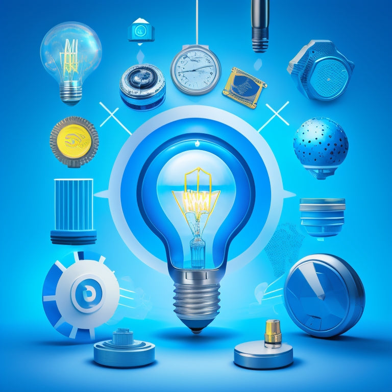 A stylized illustration of a lightbulb moment, with a subtle gear mechanism inside, surrounded by various leadership icons (e.g., briefcase, chart, target) orbiting in a circular motion, against a bright, gradient blue background.