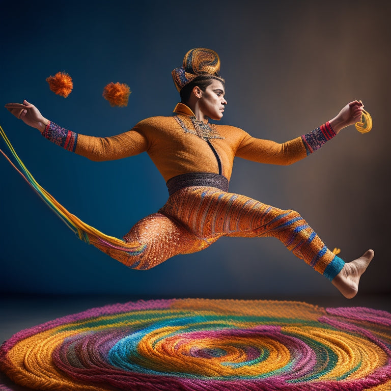 A whimsical illustration of a male dancer in mid-pirouette, surrounded by swirling threads of colored yarn, needles, and scattered cross-stitch patterns, set against a warm, golden background.