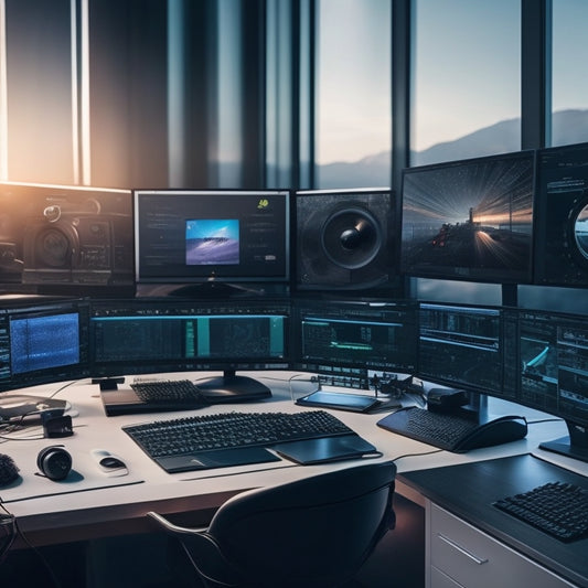 A futuristic desktop with multiple screens displaying video editing software interfaces, surrounded by film reels, cameras, and headphones, with a subtle Windows logo in the background.