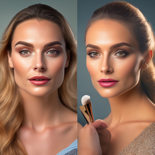 A split-screen image featuring a before-and-after transformation of a person's face with a natural, everyday makeup look on one side and a glamorous, evening look on the other, with various makeup brushes and products scattered around the edges.