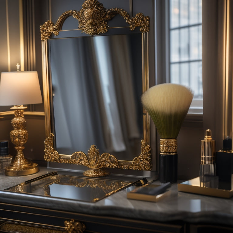 A sleek, modern vanity with a large, ornate mirror, surrounded by elegant makeup brushes and products, featuring a tablet with an open consultation form on the screen.