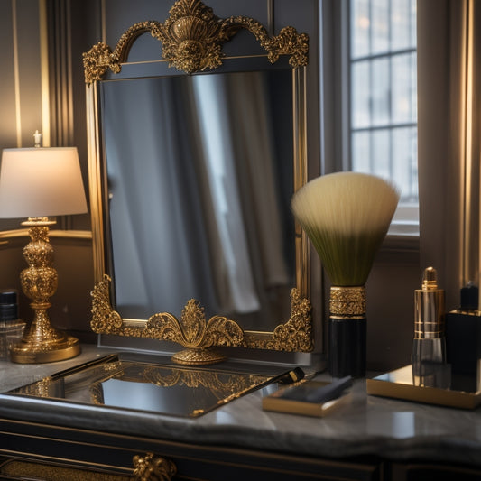A sleek, modern vanity with a large, ornate mirror, surrounded by elegant makeup brushes and products, featuring a tablet with an open consultation form on the screen.