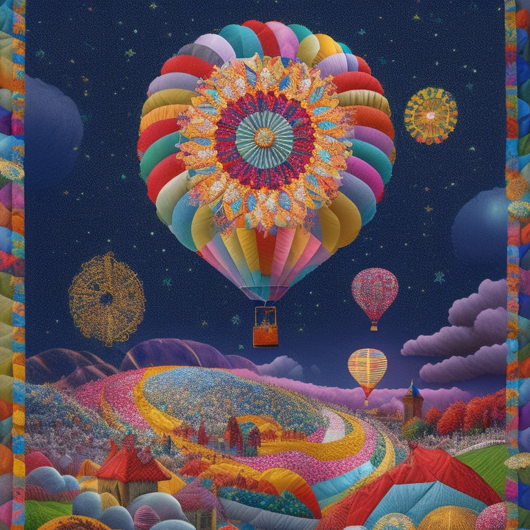 A whimsical illustration of a quilt with swirling carnival colors, featuring a central Ferris wheel surrounded by hot air balloons, confetti, and playful carnival lights against a starry night sky.